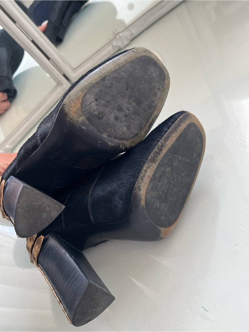Tory Burch navy Pony-Hair Ankle Boots with Gold Dragonfly Heels - Picture 5 of 6